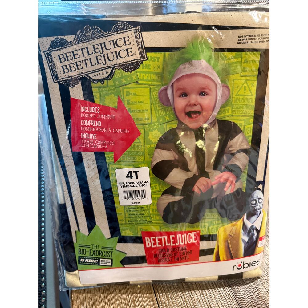 NEW BeetleJuice Child Costume 4T  hooded jumpsuit green hair exorcist dress up